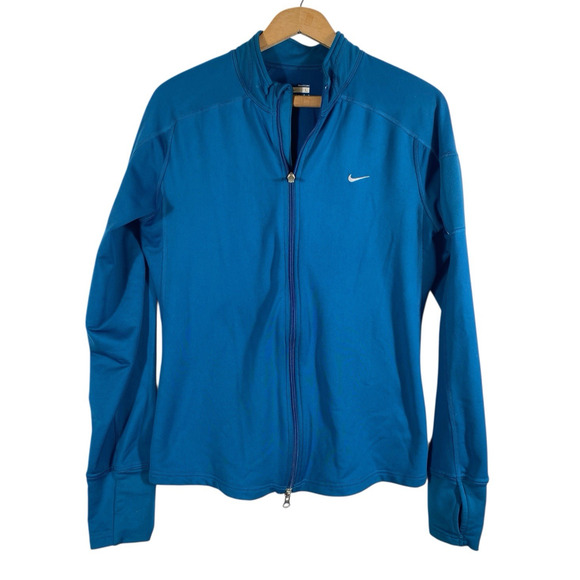 Nike Track Jacket Sz Large Blue Full Zip Fleece Lined Womens Running Thumb Holes - Picture 1 of 7